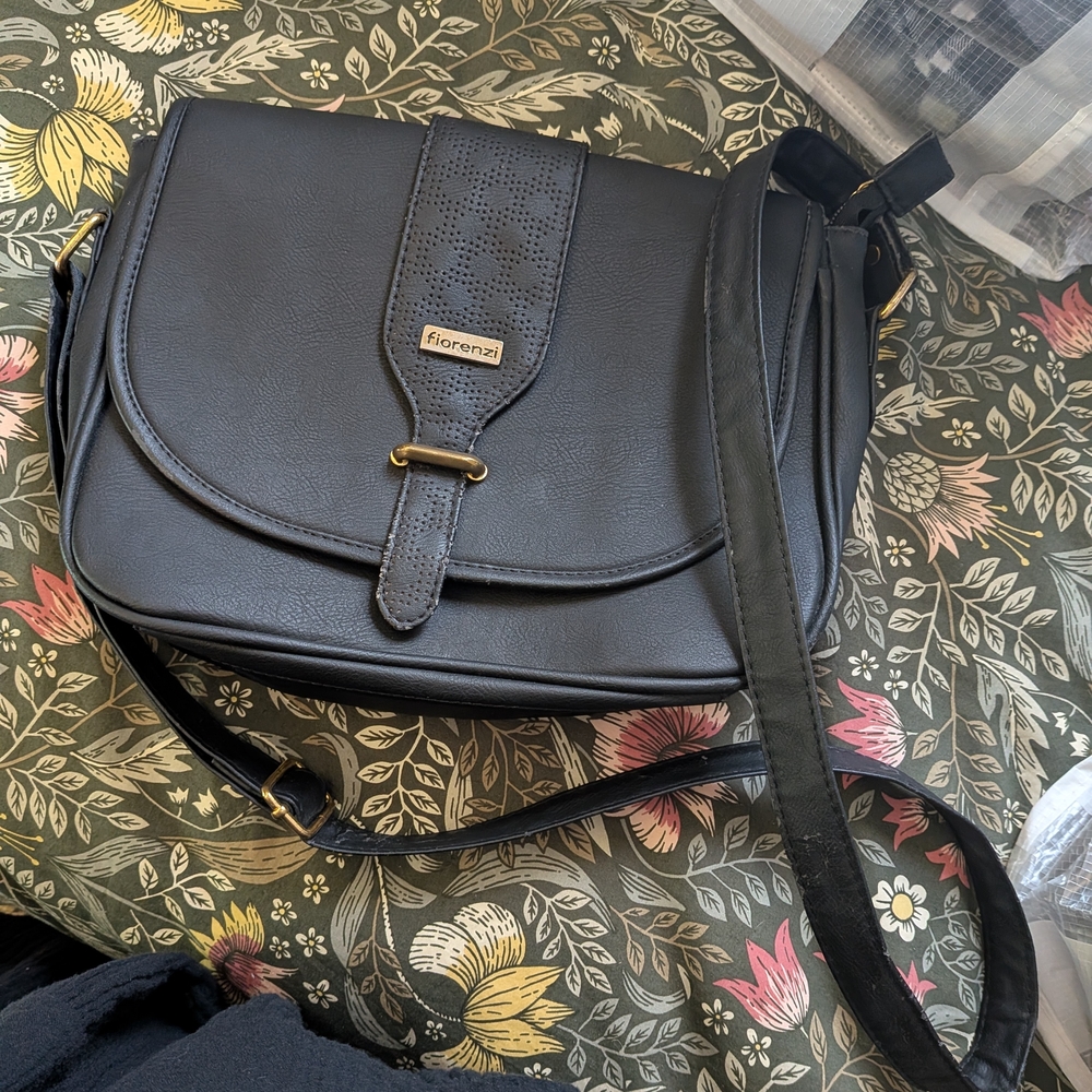 Black Leather-Style Crossbody Bag with Gold Accents
